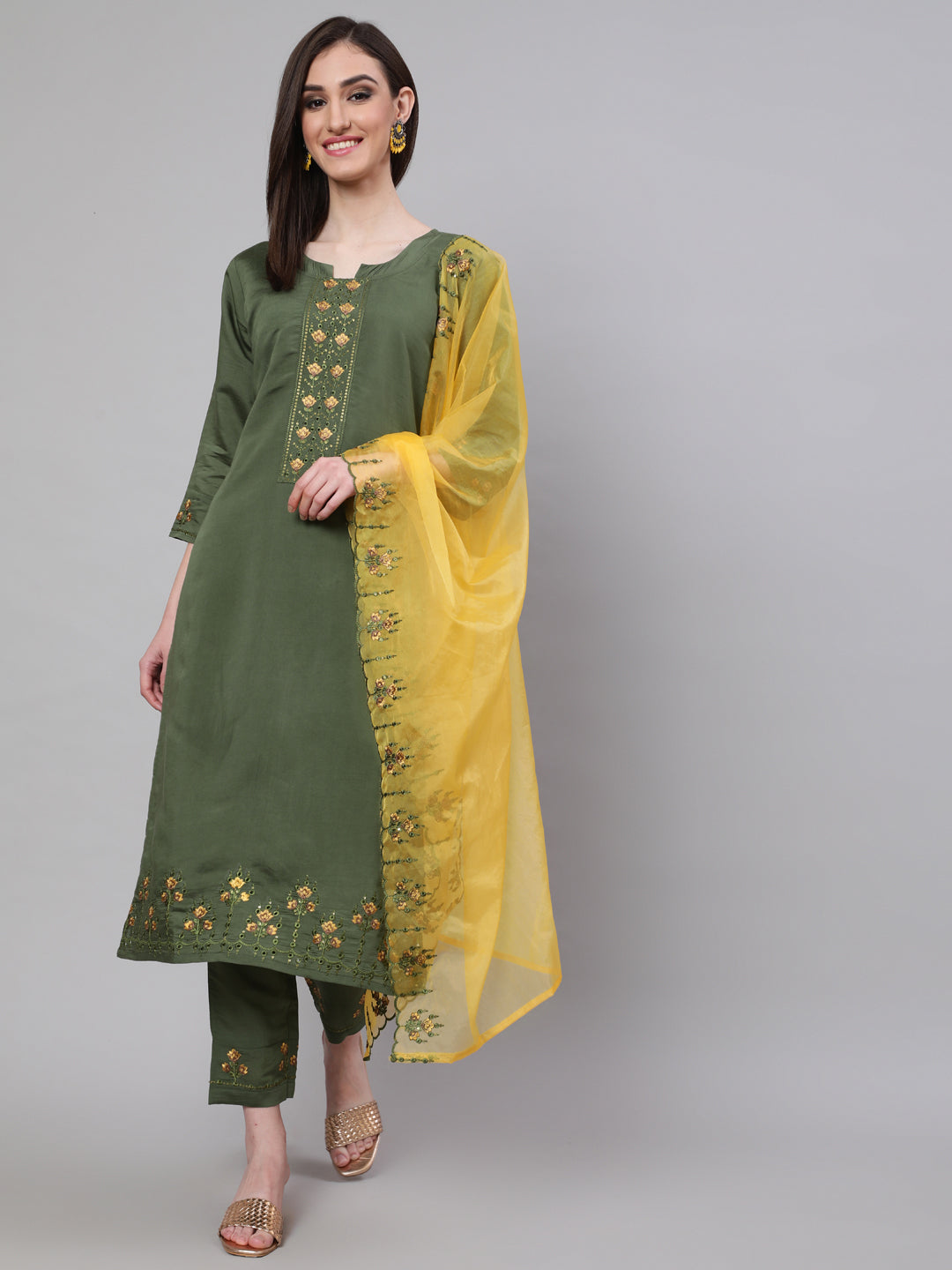 Green Embroidered Kurta Pant With Dupatta