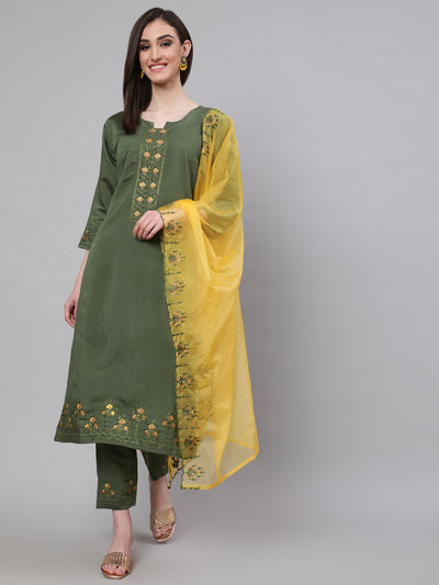 Green Embroidered Kurta Pant With Dupatta