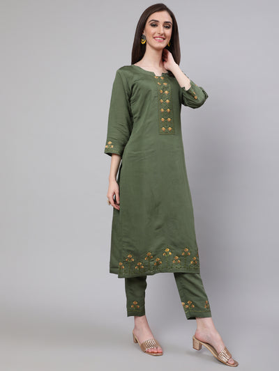 Green Embroidered Kurta Pant With Dupatta