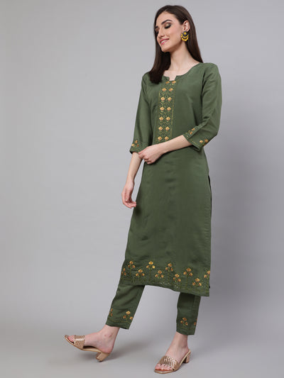 Green Embroidered Kurta Pant With Dupatta