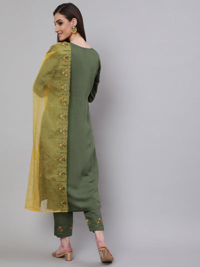 Green Embroidered Kurta Pant With Dupatta