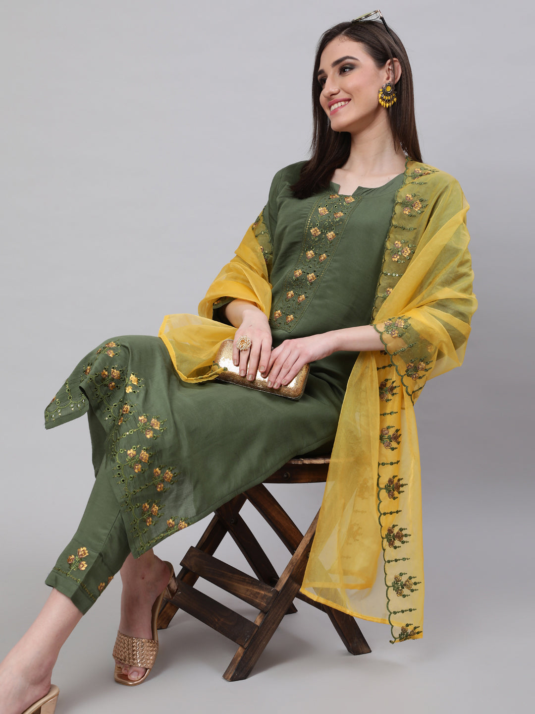 Green Embroidered Kurta Pant With Dupatta