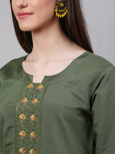 Green Embroidered Kurta Pant With Dupatta