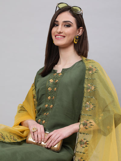 Green Embroidered Kurta Pant With Dupatta