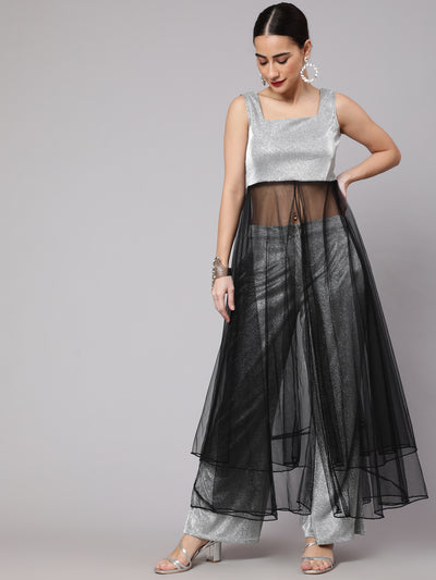 Silver & Black Embellished Layered Top With Palazzo