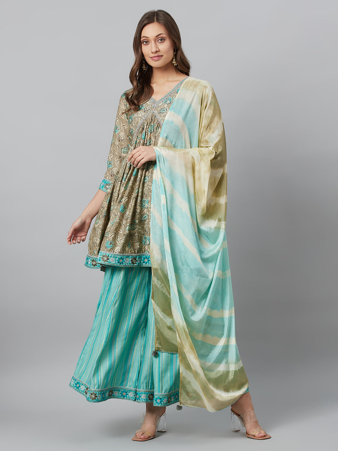 Beige Printed Kurta Palazzo With Dupatta