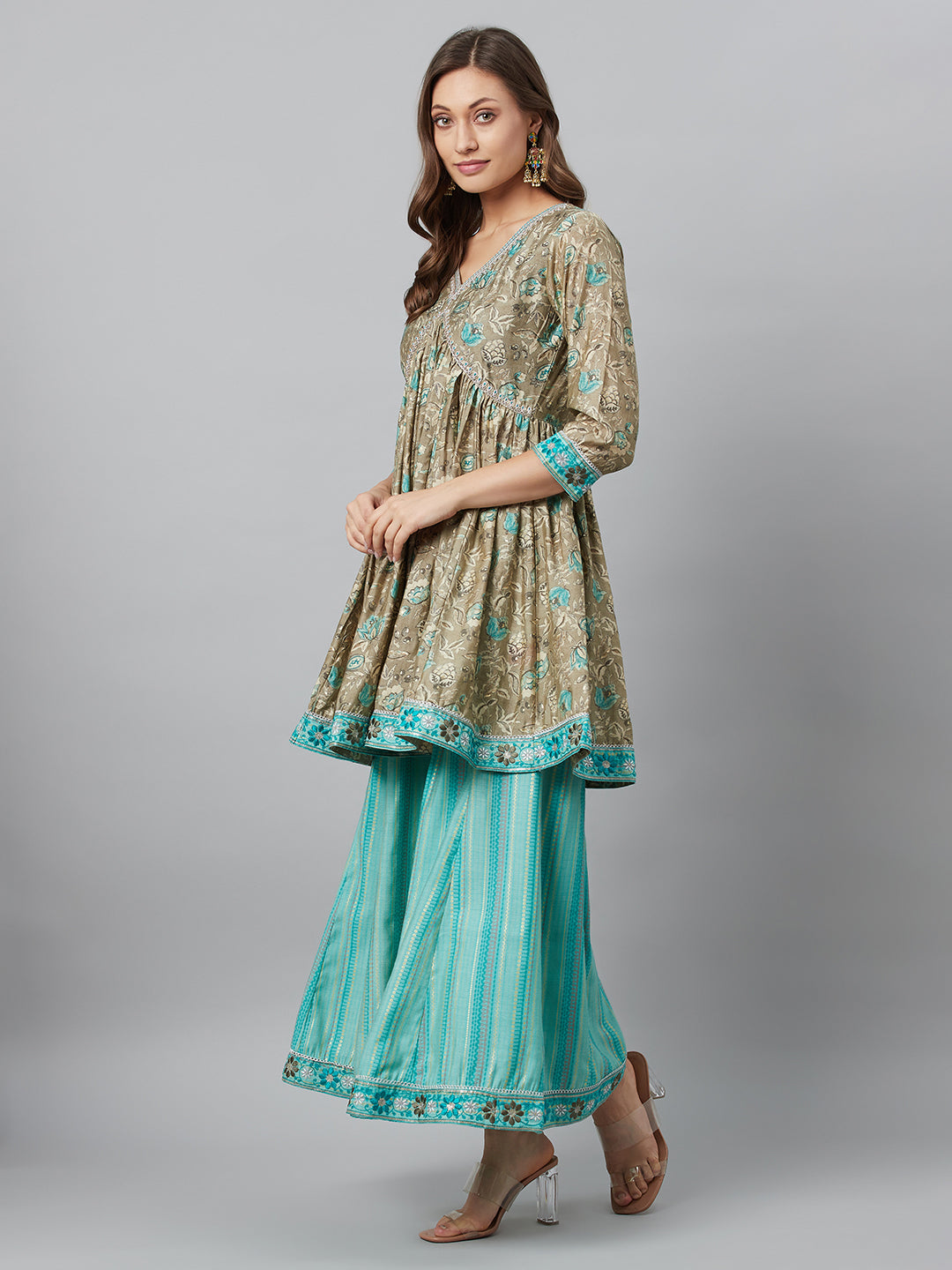 Beige Printed Kurta Palazzo With Dupatta