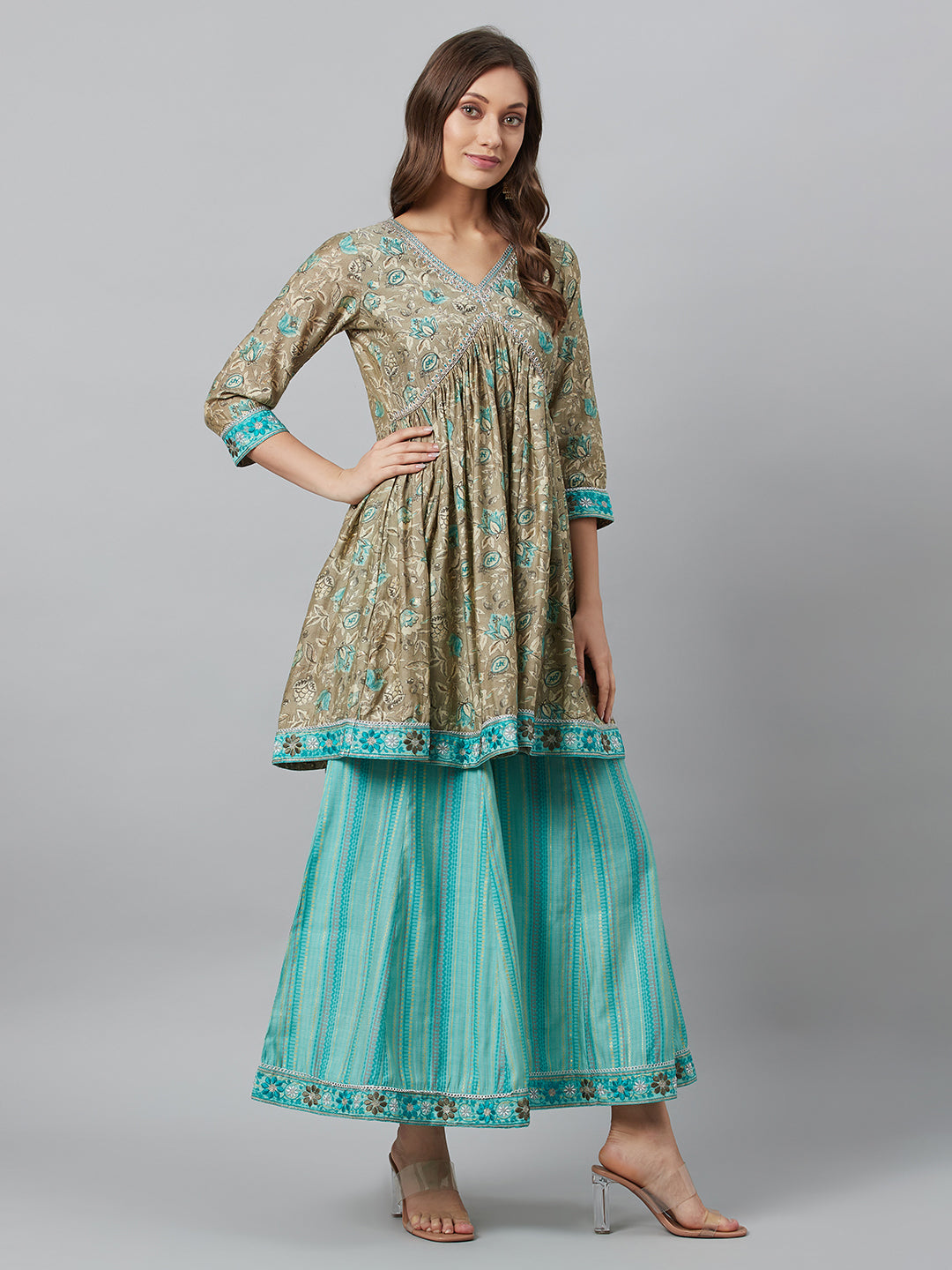 Beige Printed Kurta Palazzo With Dupatta