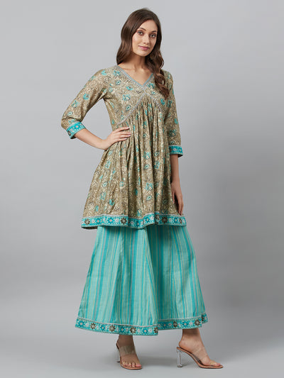 Beige Printed Kurta Palazzo With Dupatta