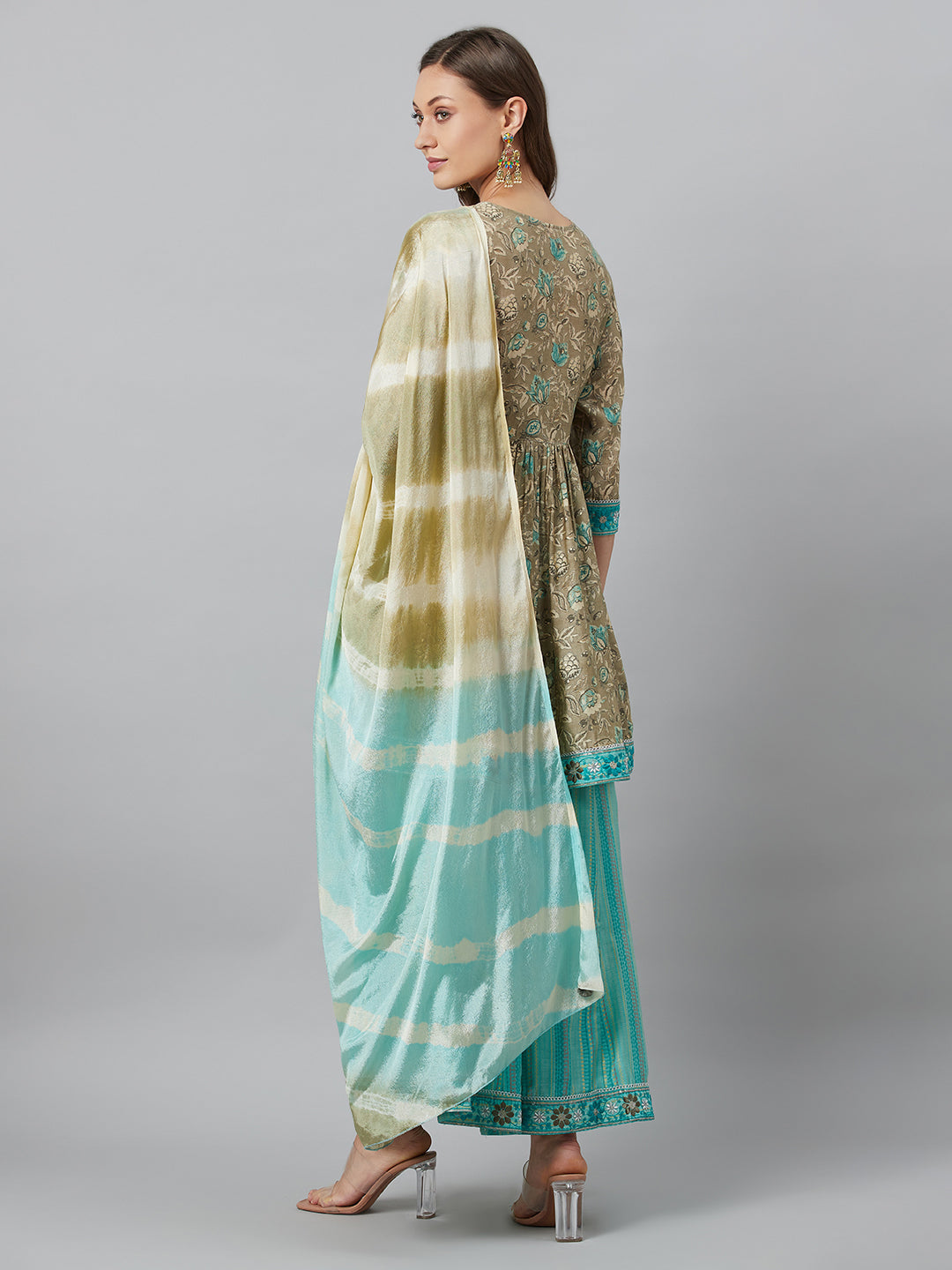 Beige Printed Kurta Palazzo With Dupatta