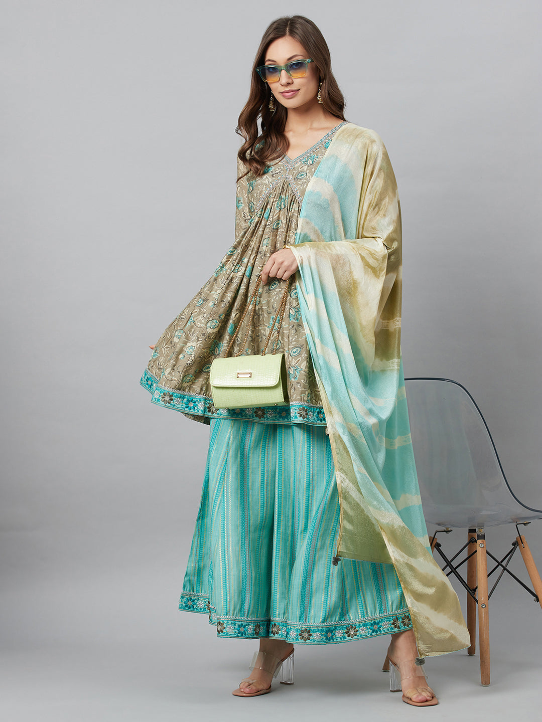 Beige Printed Kurta Palazzo With Dupatta