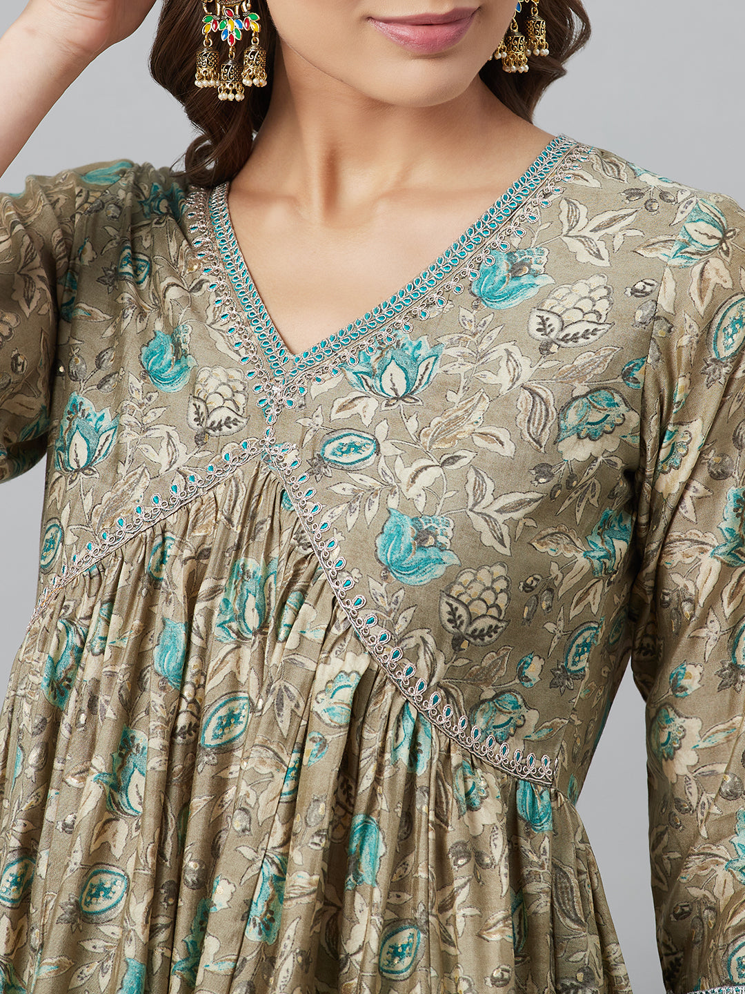 Beige Printed Kurta Palazzo With Dupatta