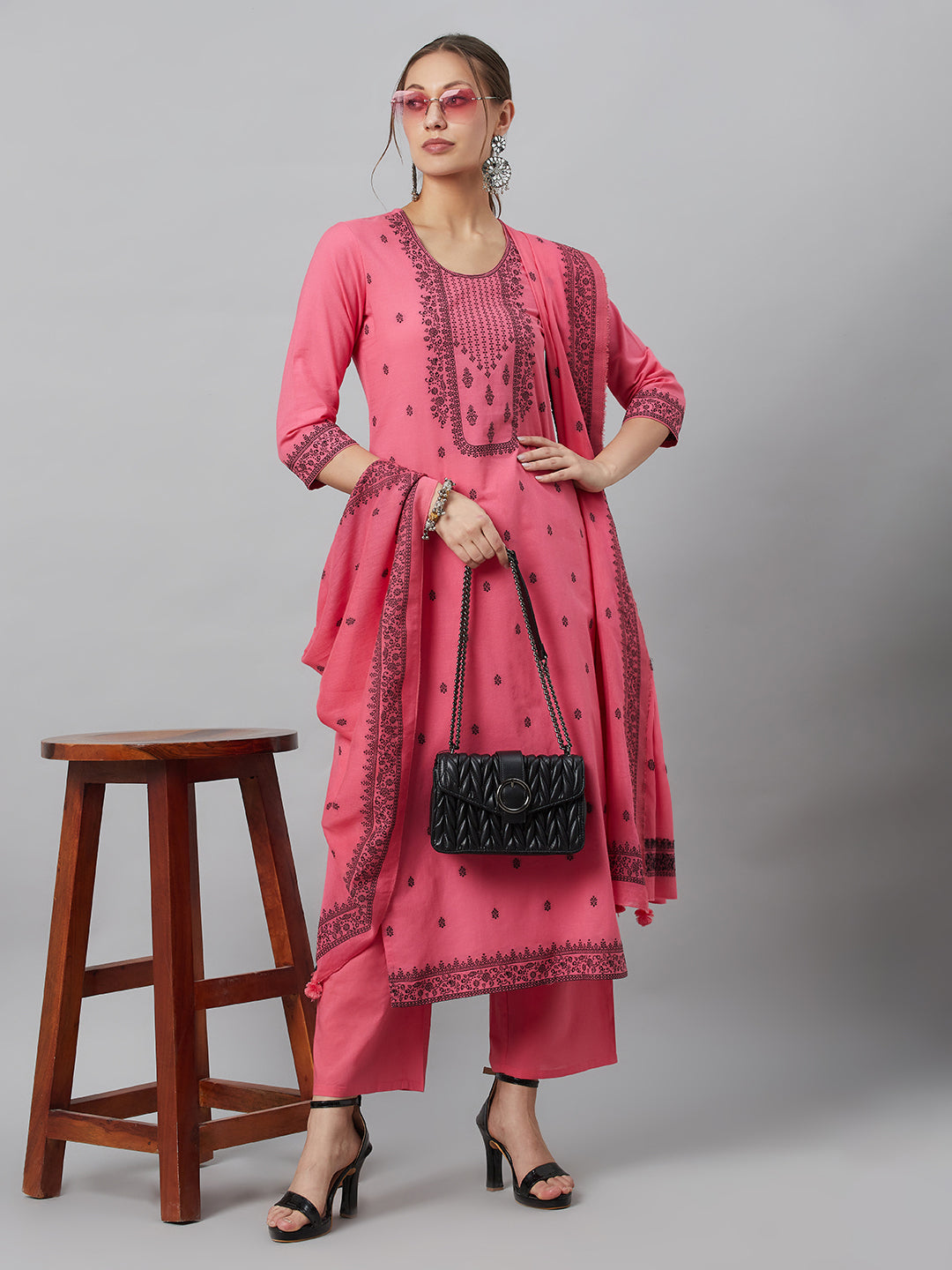 Pink Embroidered Kurta Palazzo With Dupatta