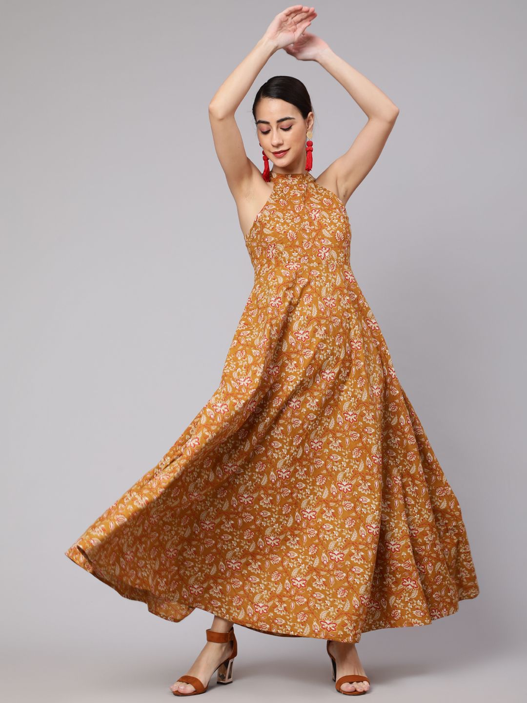 Mustard Floral Print Flared Maxi Dress