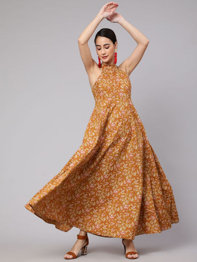 Mustard Floral Print Flared Maxi Dress