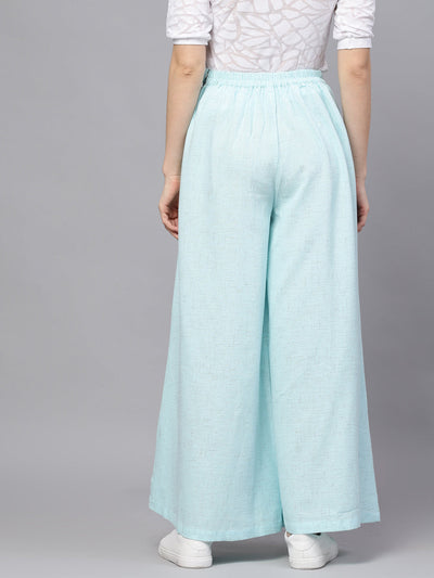 Blue Textured Mid-Rise Flared Palazzos