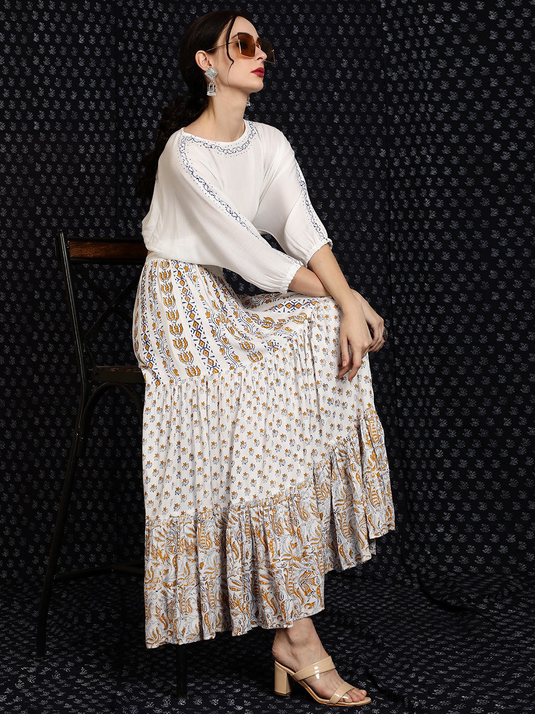 White Block Print Tiered Skirt