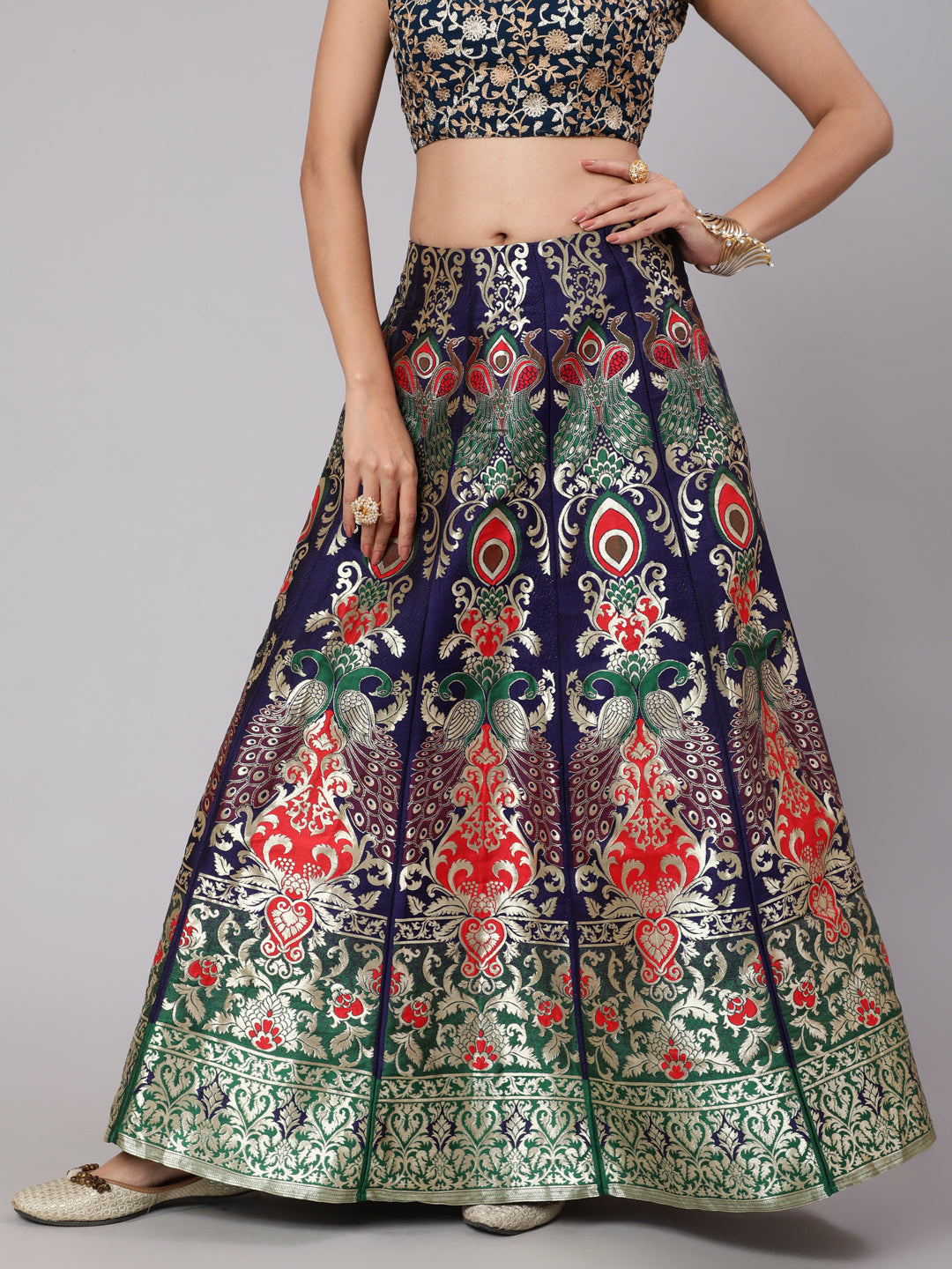 Blue Jacquard Design Flared Skirt