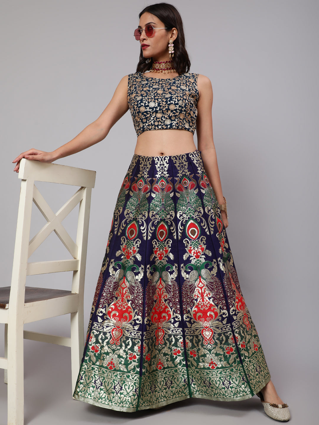 Blue Jacquard Design Flared Skirt