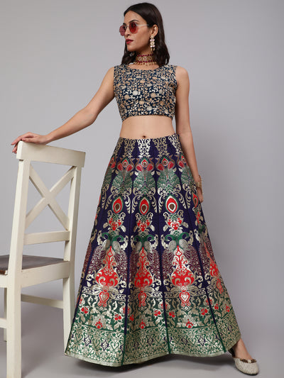 Blue Jacquard Design Flared Skirt
