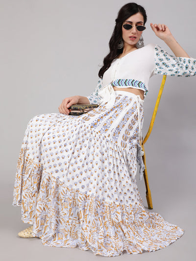 White Block Print Tiered Skirt