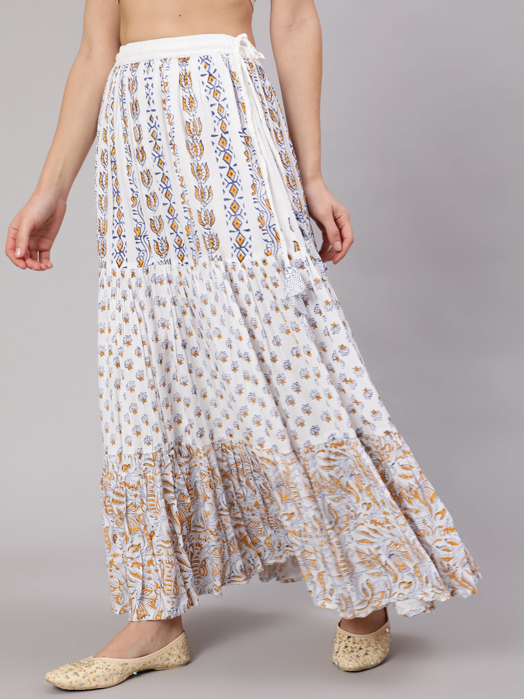 White Block Print Tiered Skirt