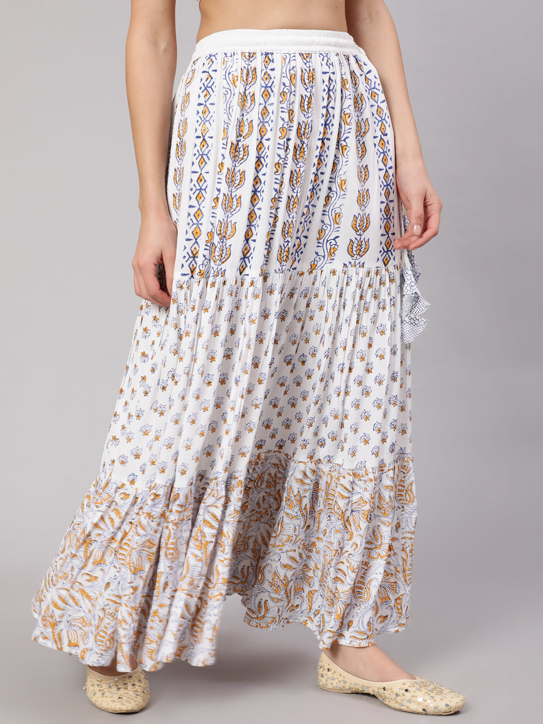 White Block Print Tiered Skirt