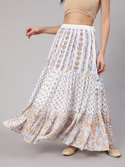 White Block Print Tiered Skirt