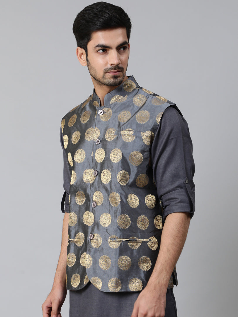 Grey Brocade Nehru Jacket