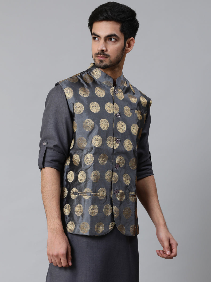 Grey Brocade Nehru Jacket