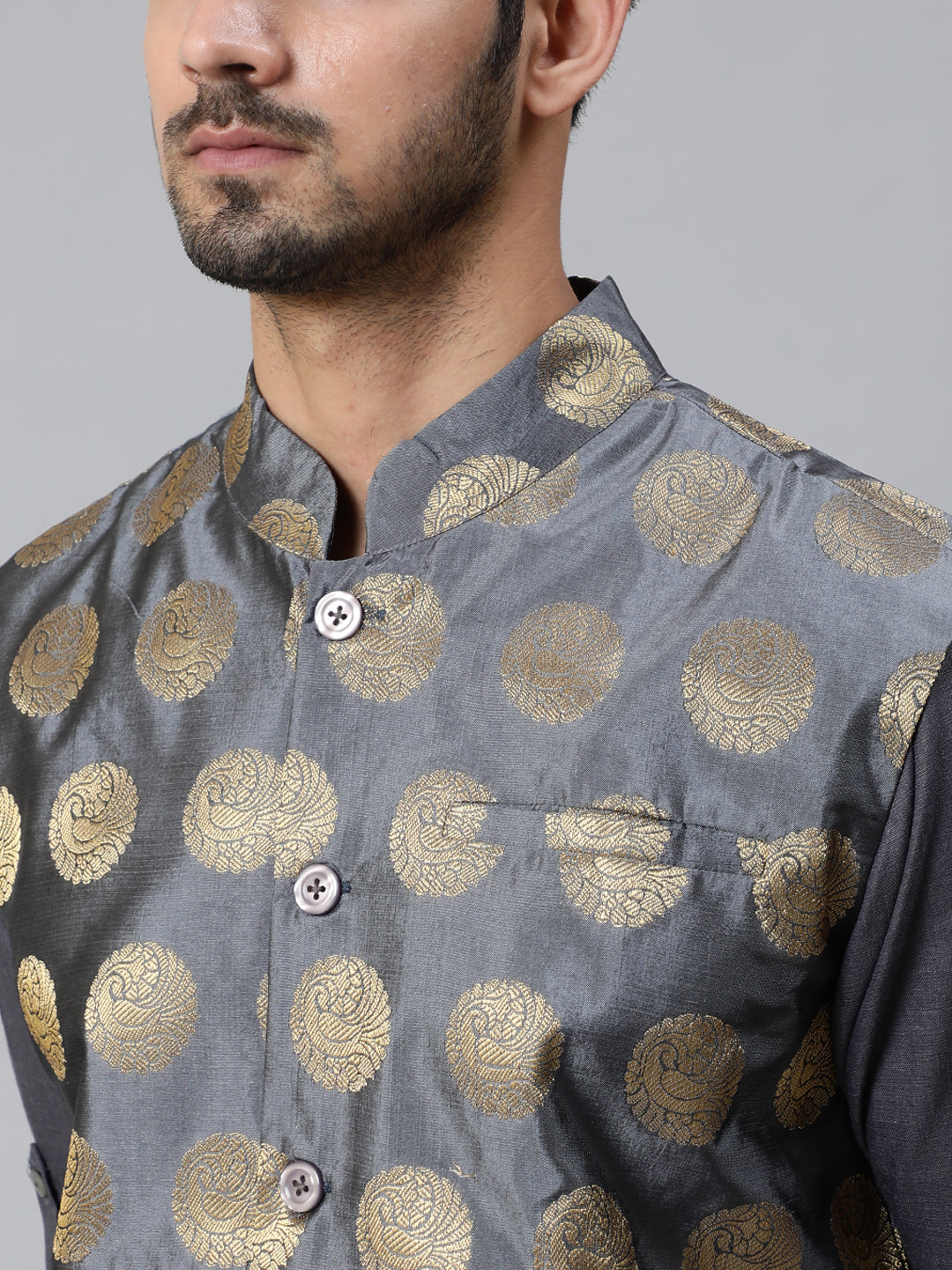 Grey Brocade Nehru Jacket