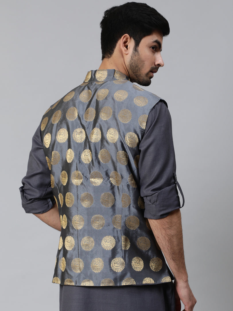 Grey Brocade Nehru Jacket