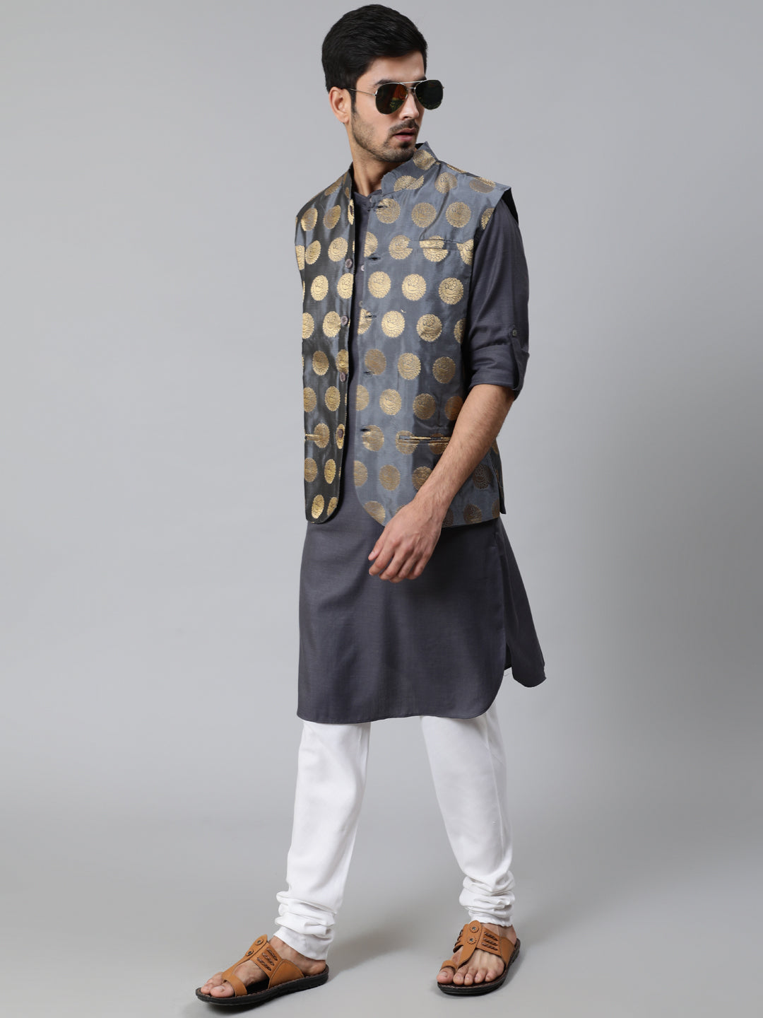 Grey Brocade Nehru Jacket