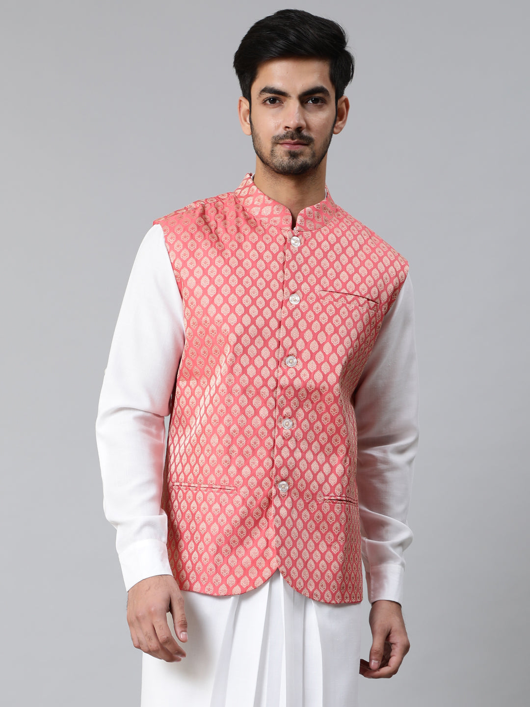 Peach Brocade Nehru Jacket