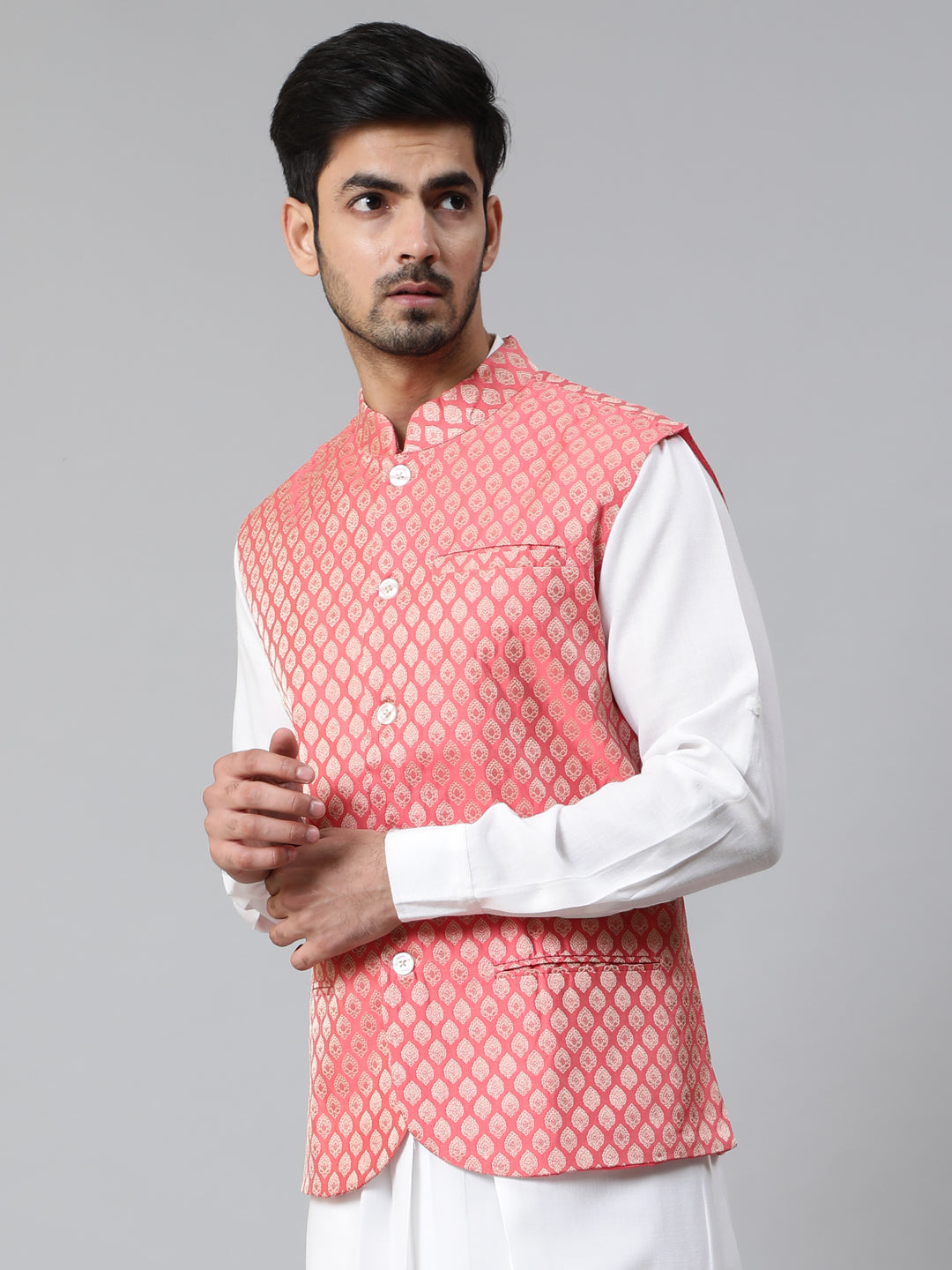 Peach Brocade Nehru Jacket