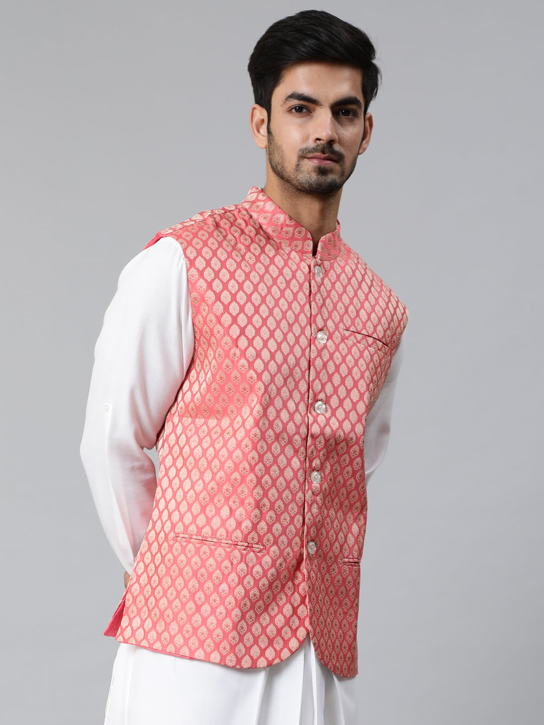 Peach Brocade Nehru Jacket