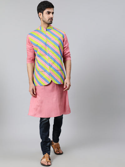 Pink Long Kurta with Striped Jacket