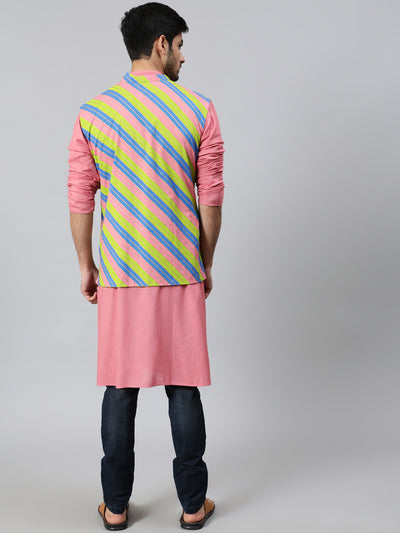 Pink Long Kurta with Striped Jacket