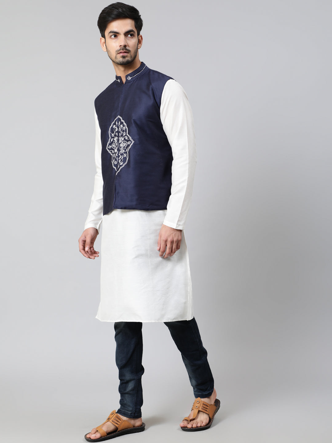 White Kurta With Embroidered Nehru Jacket