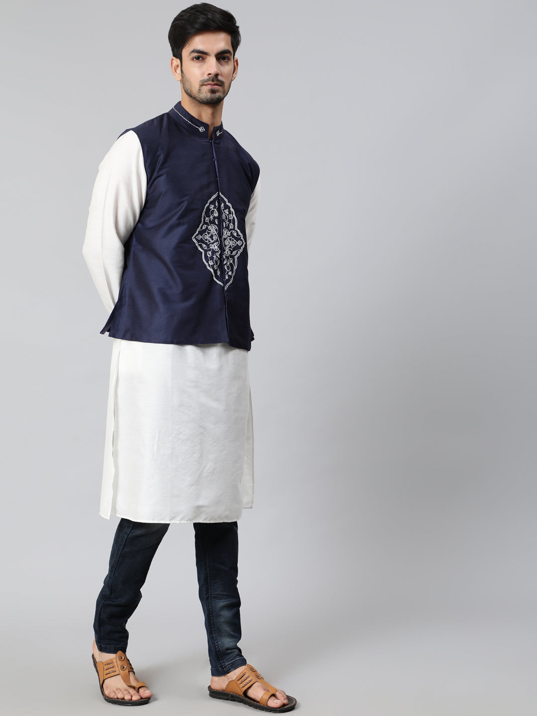 White Kurta With Embroidered Nehru Jacket