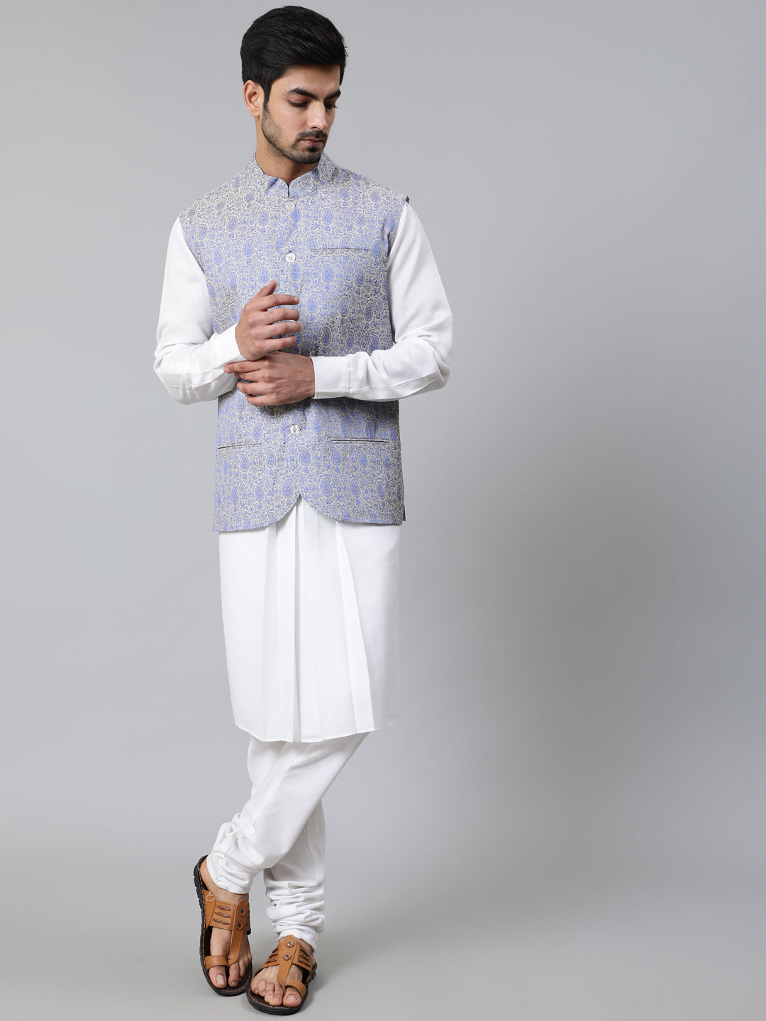 White Kurta Churidar With Nehru Jacket