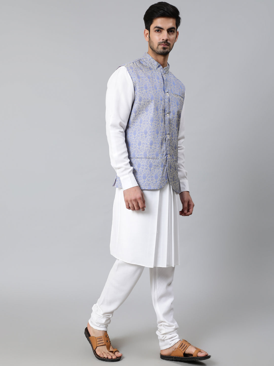 White Kurta Churidar With Nehru Jacket