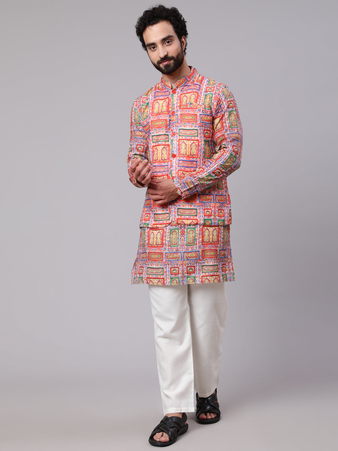 Red Green Digital Print Nehru Jacket