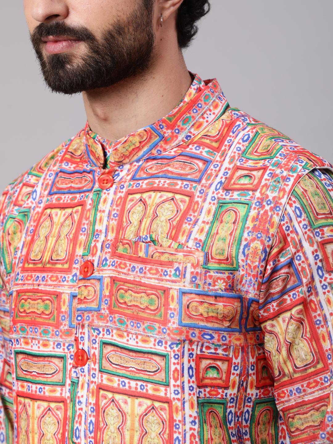 Red Green Digital Print Nehru Jacket