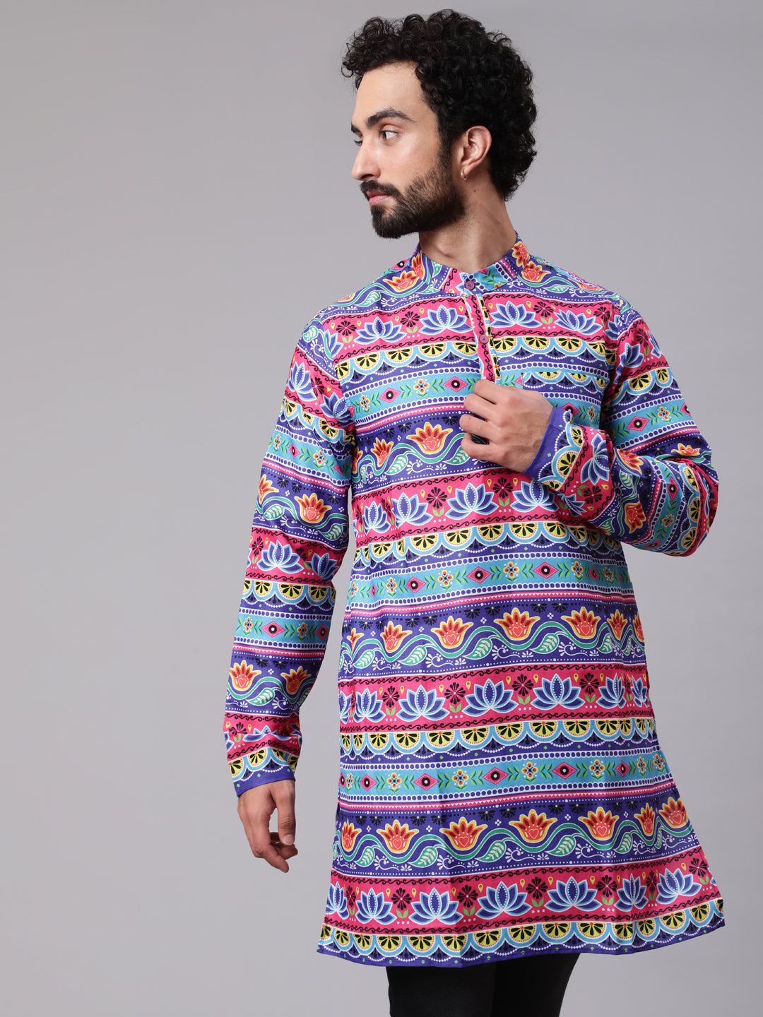 Blue Red Floral Print Kurta