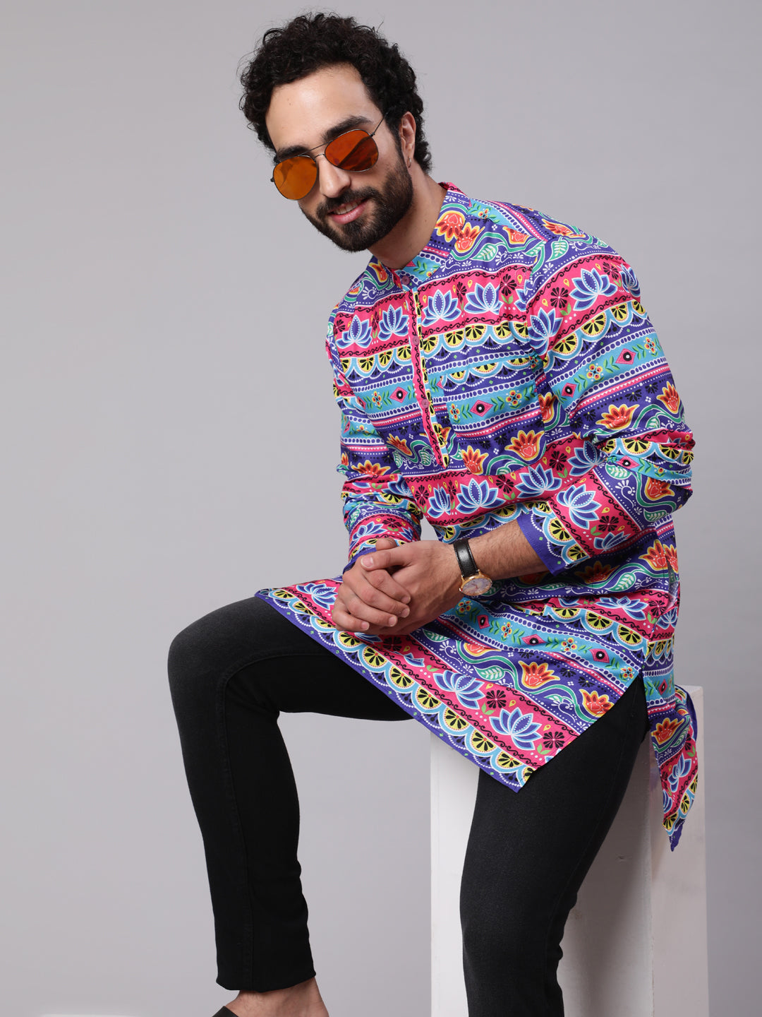 Blue Red Floral Print Kurta