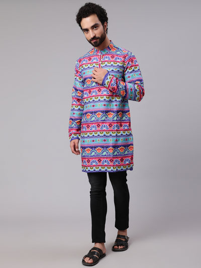 Blue Red Floral Print Kurta