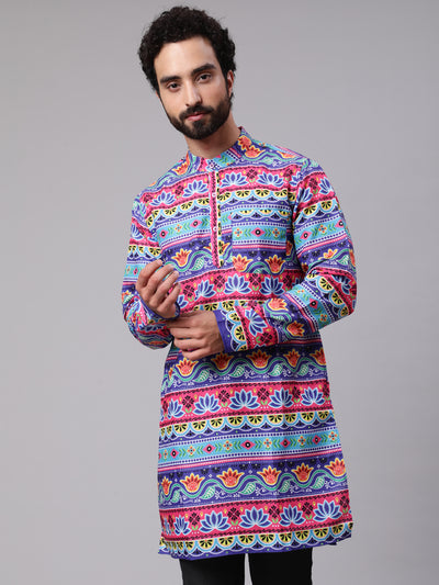 Blue Red Floral Print Kurta