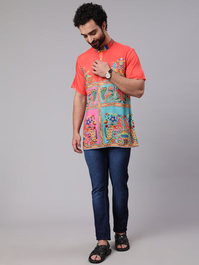 Orange Yellow Digital Print Short Kurta