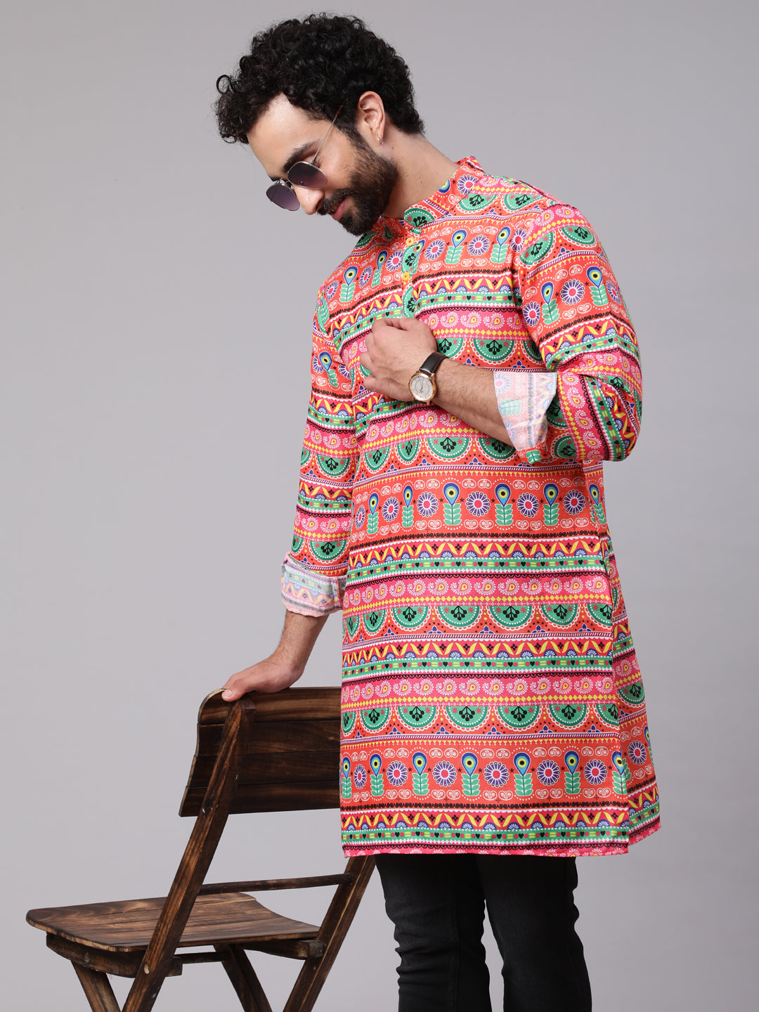 Orange Green Floral Print Kurta